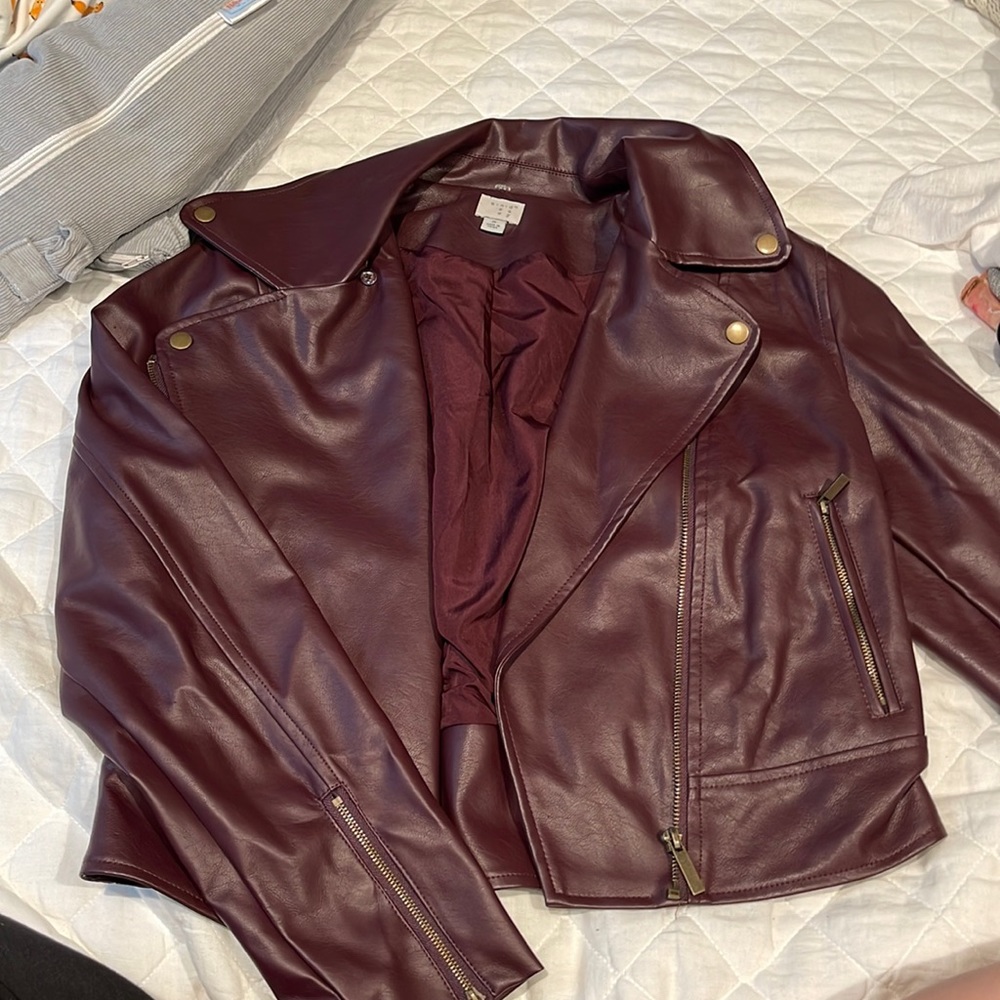 Maroon fake leather motto jacket
